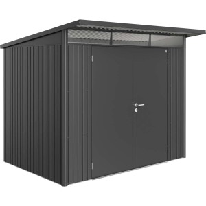 Szara metalowa szopa ogrodowa z podwójnymi drzwiami. Idealna do przechowywania w ogrodzie.