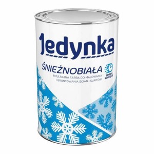 Puszka Jedynka Śnieżnobiała, biała farba do ścian ze wzorem płatków śniegu.