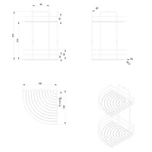 Rysunek techniczny: Narożna półka na akcesoria łazienkowe z wymiarami.
