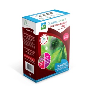 Opakowanie GlobalGrass Multirenowator 4w1 nasiona traw na miejsca zacienione i nasłonecznione.