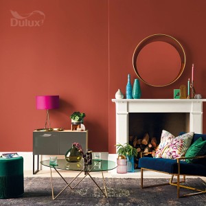 Salon z terakotową farbą na ścianach, kominkiem i nowoczesnymi meblami.