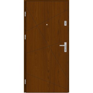 Nowoczesne drzwi zewnętrzne w stylu drewna z geometrycznym wzorem i srebrnymi okuciami.