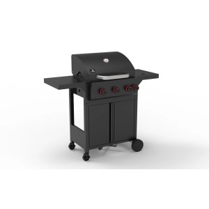 Czarny grill gazowy z trzema palnikami i półką boczną.