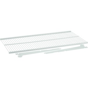 Biała metalowa półka z siatki drucianej (60x33x7,2 cm) z dwoma wspornikami do montażu na ścianie.