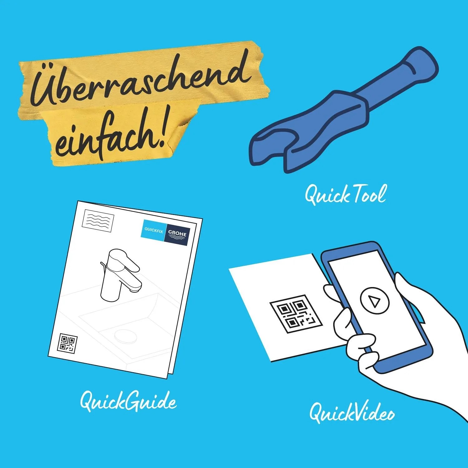 Grohe QuickFix: Instrukcja montażu, narzędzie i wideo do baterii umywalkowej Start Alira.