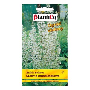 Opakowanie nasion szałwii muszkatołowej. Na opakowaniu widoczne białe kwiaty.