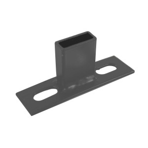 Szary uchwyt słupka ogrodzeniowego t.b.t. z prostokątnym uchwytem i otworami montażowymi.
