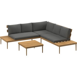 t.b.t. Zestaw mebli ogrodowych z narożnikiem i stołem, wygląd drewna, szare poduszki.