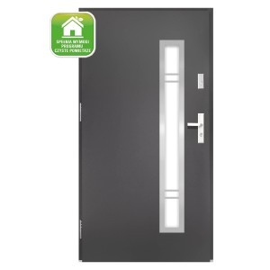 Szare drzwi zewnętrzne z wąskim, pionowym przeszkleniem i srebrnym klamką.