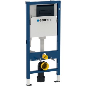 Zestaw WC t.b.t. z niebieską ramą i spłuczką Geberit.
