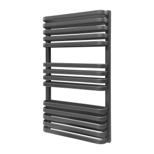 Szary grzejnik t.b.t. z poziomymi rurami grzewczymi do łazienki.