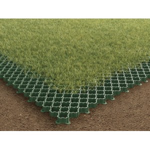 Zielone plastikowe kratki trawnikowe ACO do parkowania i stabilizacji gruntu.