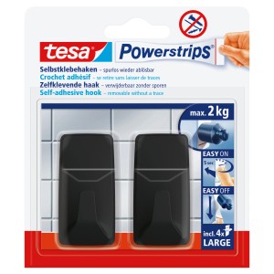 Tesa Powerstrips haczyki L, kwadratowe, czarne, 2 sztuki, samoprzylepne, do 2 kg.