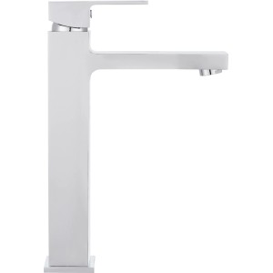 Nowoczesna, kwadratowa bateria umywalkowa o wyglądzie chromu.