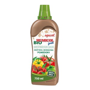 Płynny, organiczny nawóz do warzyw Humicol Forte w brązowej butelce z motywem pomidorów.