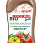 Płynny, organiczny nawóz do warzyw Humicol Forte w brązowej butelce z motywem pomidorów.