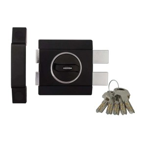 Czarny zamek do drzwi t.b.t. z kluczami.