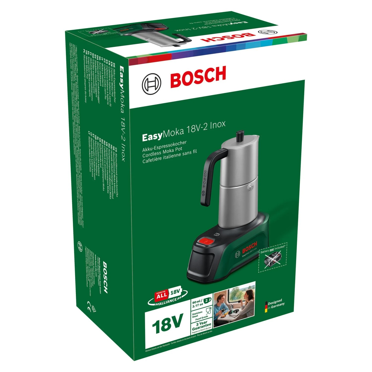 Opakowanie ekspresu akumulatorowego Bosch EasyMoka 18V-2 Inox. Zielone pudełko z wizerunkiem produktu.