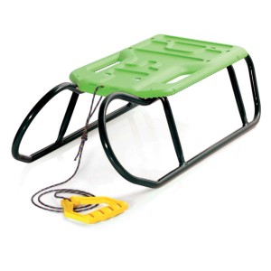 Zielone sanki t.b.t. z czarną ramą i żółtym uchwytem.