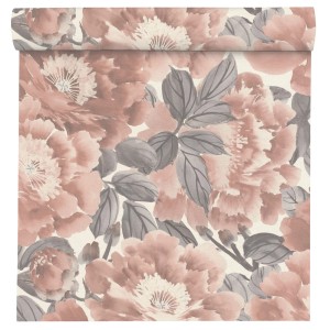 t.b.t. Tapeta dekoracyjna we wzory kwiatowe w odcieniach różu i szarości.