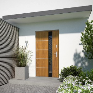 Nowoczesne drzwi zewnętrzne w kolorze drewna z elementem szklanym i srebrnymi akcentami.