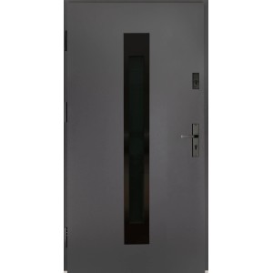 Szare drzwi zewnętrzne z wąską, pionową wstawką szklaną.