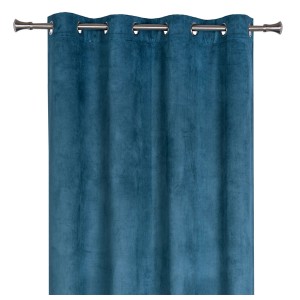 Niebieska zasłona t.b.t. z zawieszeniem na przelotki na karniszu.