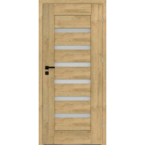 Nowoczesne drzwi wewnętrzne z efektem drewna i wstawkami szklanymi. Drzwi do wnętrz.