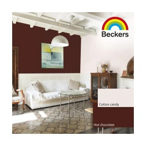 Pokój dzienny z farbami ściennymi w kolorach Hot Chocolate i Cotton Candy firmy Beckers. Kolorowe farby ścienne do wnętrz.