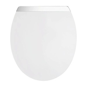 Biała deska sedesowa t.b.t. z chromowanymi zawiasami, widok z góry.