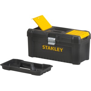 Stanley Essential 16-calowa skrzynka narzędziowa z metalowymi zatrzaskami, wyjmowaną tacką i organizerem w pokrywie.