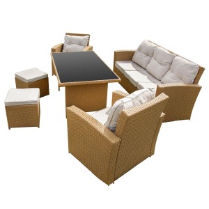 Brązowy zestaw mebli ogrodowych ze stołem, sofą, fotelami i stołkami do użytku na zewnątrz.