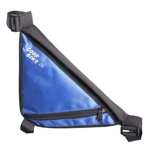 Niebieska torba na ramę roweru z zamkiem błyskawicznym i napisem Good Bike.