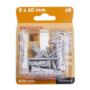 Zestaw 8 kołków i wkrętów (8x40mm) w blistrze, do różnych mocowań.