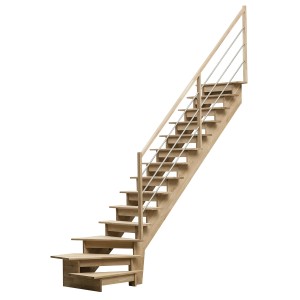 Jasne drewniane schody wewnętrzne z balustradą ze stali nierdzewnej.