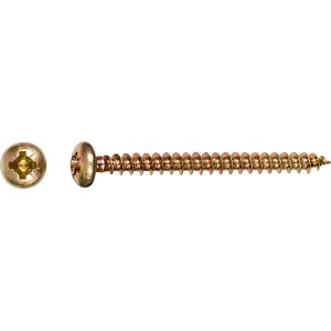 Żółta ocynkowana śruba do płyt wiórowych 5x40 mm z łbem półokrągłym i napędem PZ, 12 sztuk.