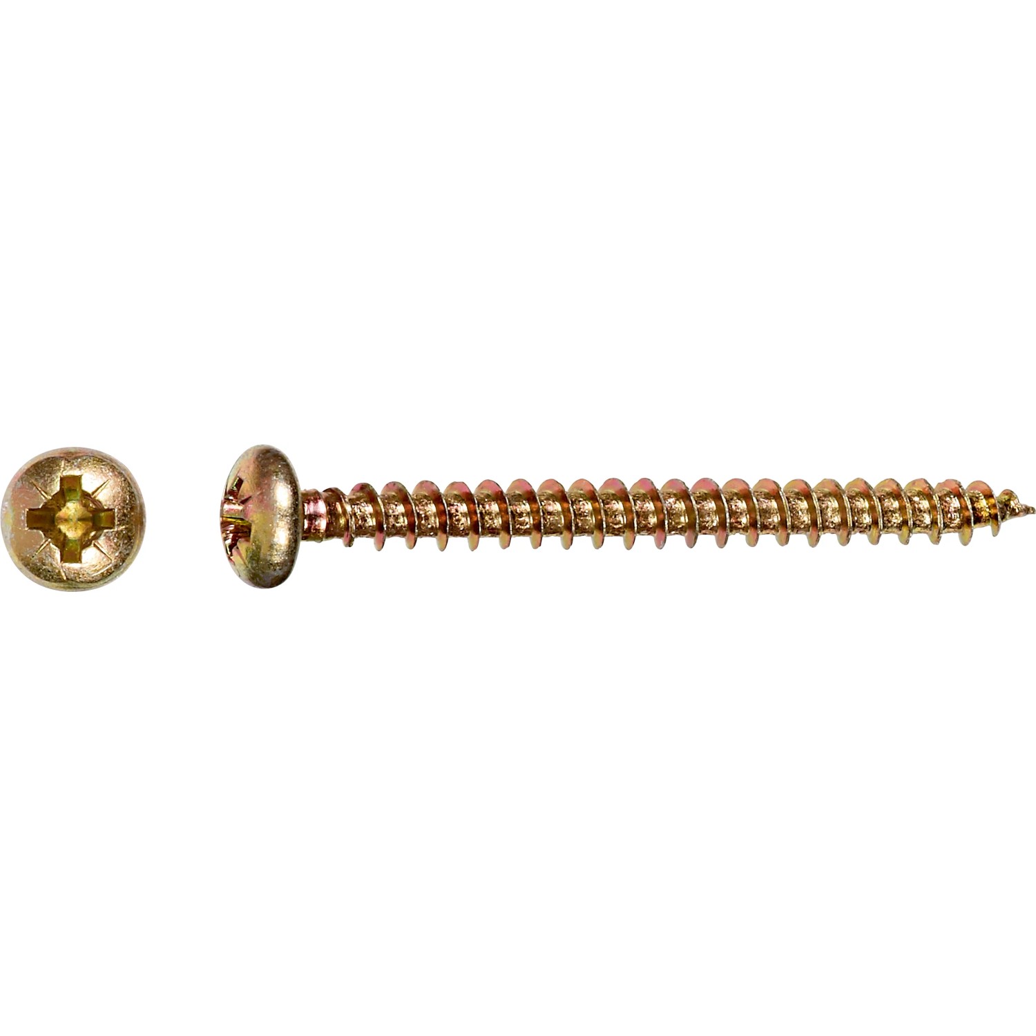 Żółta ocynkowana śruba do płyt wiórowych 5x40 mm z łbem półokrągłym i napędem PZ, 12 sztuk.