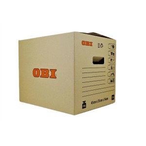 Kartonowe pudełko OBI do przechowywania i transportu, brązowe, z uchwytem i polem do opisywania.