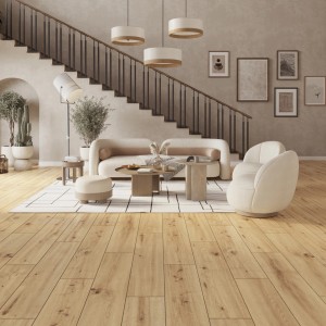 Jasny salon z panelami winylowymi t.b.t. Schody, sofa i fotel w tle.