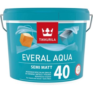 Turkusowe wiadro z farbą Tikkurila Everal Aqua, do drewna i metalu.