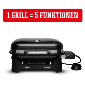 Czarny grill elektryczny Weber Lumin Compact ze stojakiem. Nowoczesny design, kompaktowy i wszechstronny.
