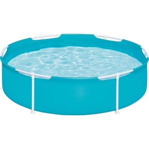Okrągły, turkusowy basen ze stalową ramą. Idealny do ogrodu.
