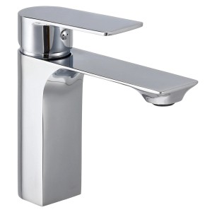 Błyszcząca, chromowana bateria umywalkowa t.b.t. do nowoczesnych łazienek.