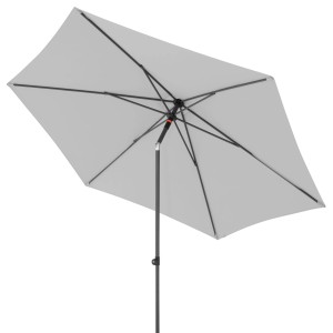 Jasnoszary parasol ogrodowy Doppler MyZone z funkcją pochylania i mechanizmem push-up.