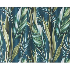 Zasłona t.b.t. z tropikalnym wzorem liści w odcieniach zieleni i niebieskiego.