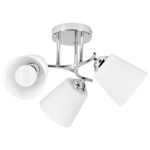 Nowoczesna lampa sufitowa t.b.t. z trzema białymi kloszami i chromowaną ramą.