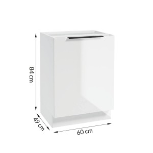 Zestaw mebli kuchennych: Biała szafka dolna z czarnymi uchwytami i wymiarami.