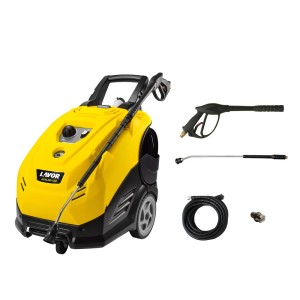 Żółta myjka ciśnieniowa z akcesoriami, takimi jak pistolet, lanca i wąż.