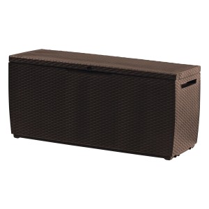 Brązowa skrzynia na poduszki t.b.t. w stylu rattanu do przechowywania akcesoriów ogrodowych.