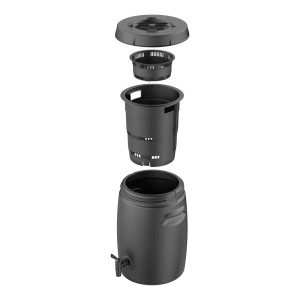 Kompostownik t.b.t., rozłożony na pojedyncze części, czarny plastik.